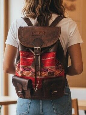 BOLIVIA GENUINE LEATHER Rainbow Woven BOHO Textile BackPack